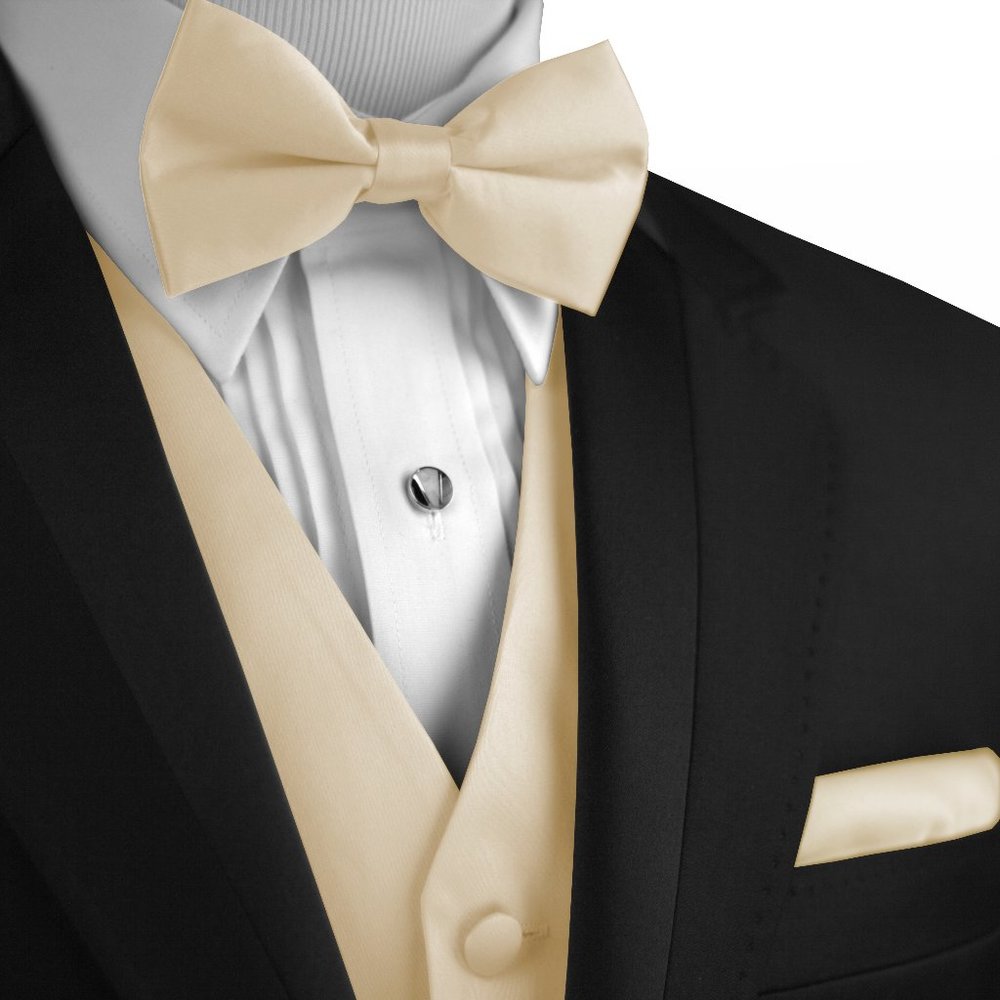 Men's Formal Wedding Prom Homecoming Tuxedo Vest Bow-Tie Hankie-Champagne Satin